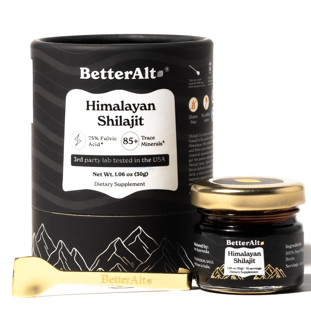 Better Alt Pure Himalayan Shilajit Resin bottle label highlights premium quality for daily energy support