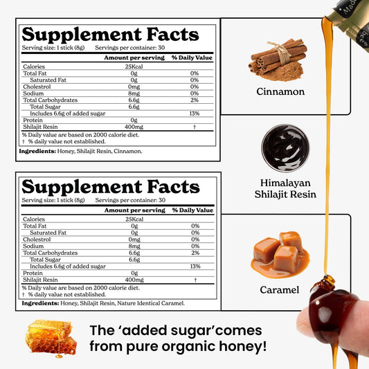 Better Alt Pure Himalayan Shilajit Sticks caramel pack offers convenient flavor and quick consumption.