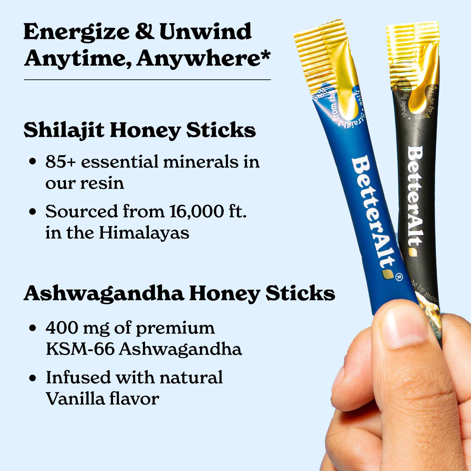 Better Alt Shilajit Honey Stick mineral-rich formula highlighted for morning energy support