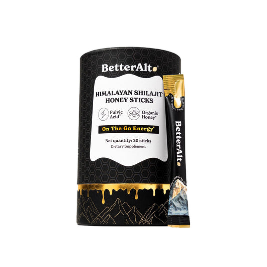 Better Alt Shilajit Stick with honey and saffron pack for convenient energy support on the go.