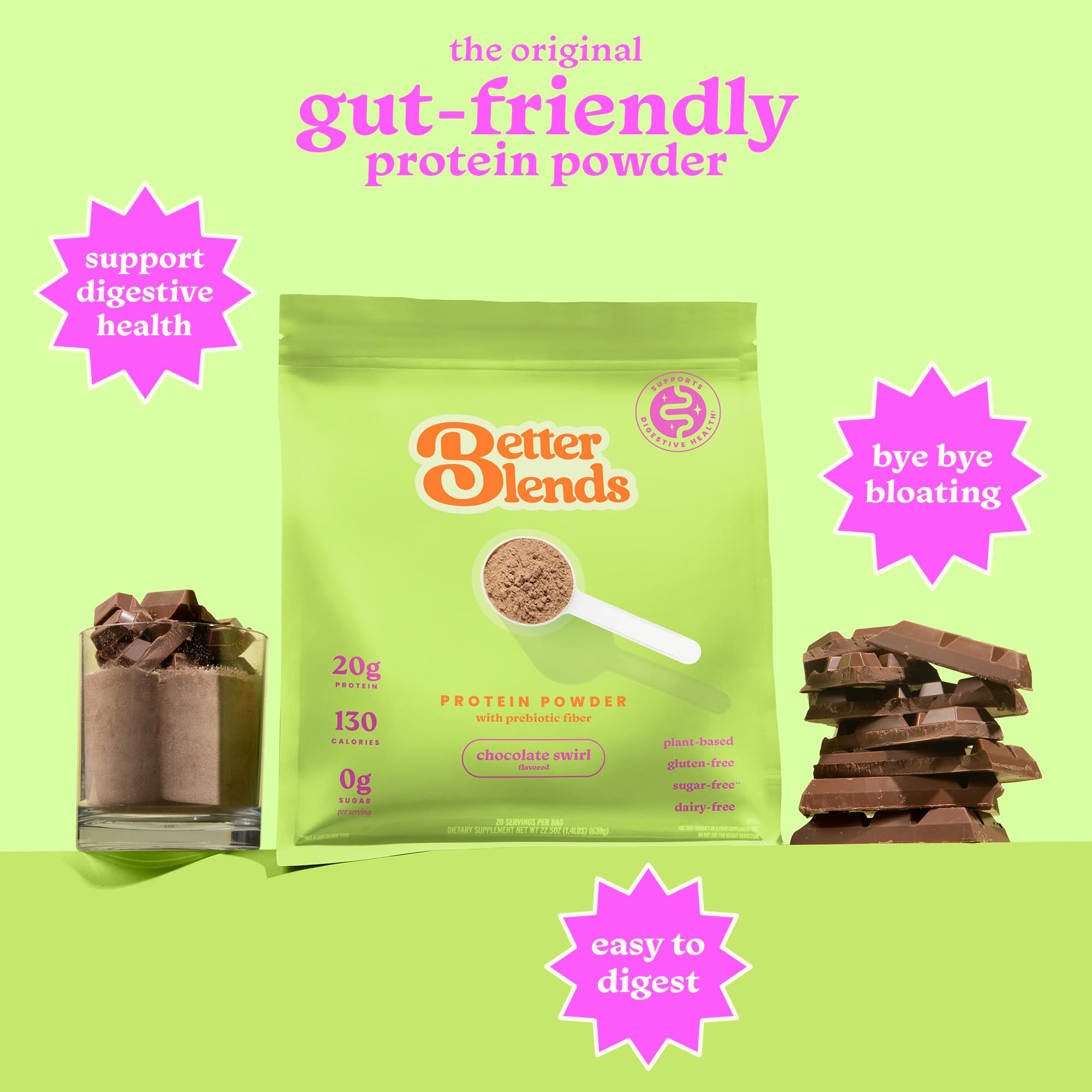 Better Blends pourable shake showing smooth texture, 20g plant protein per serving.