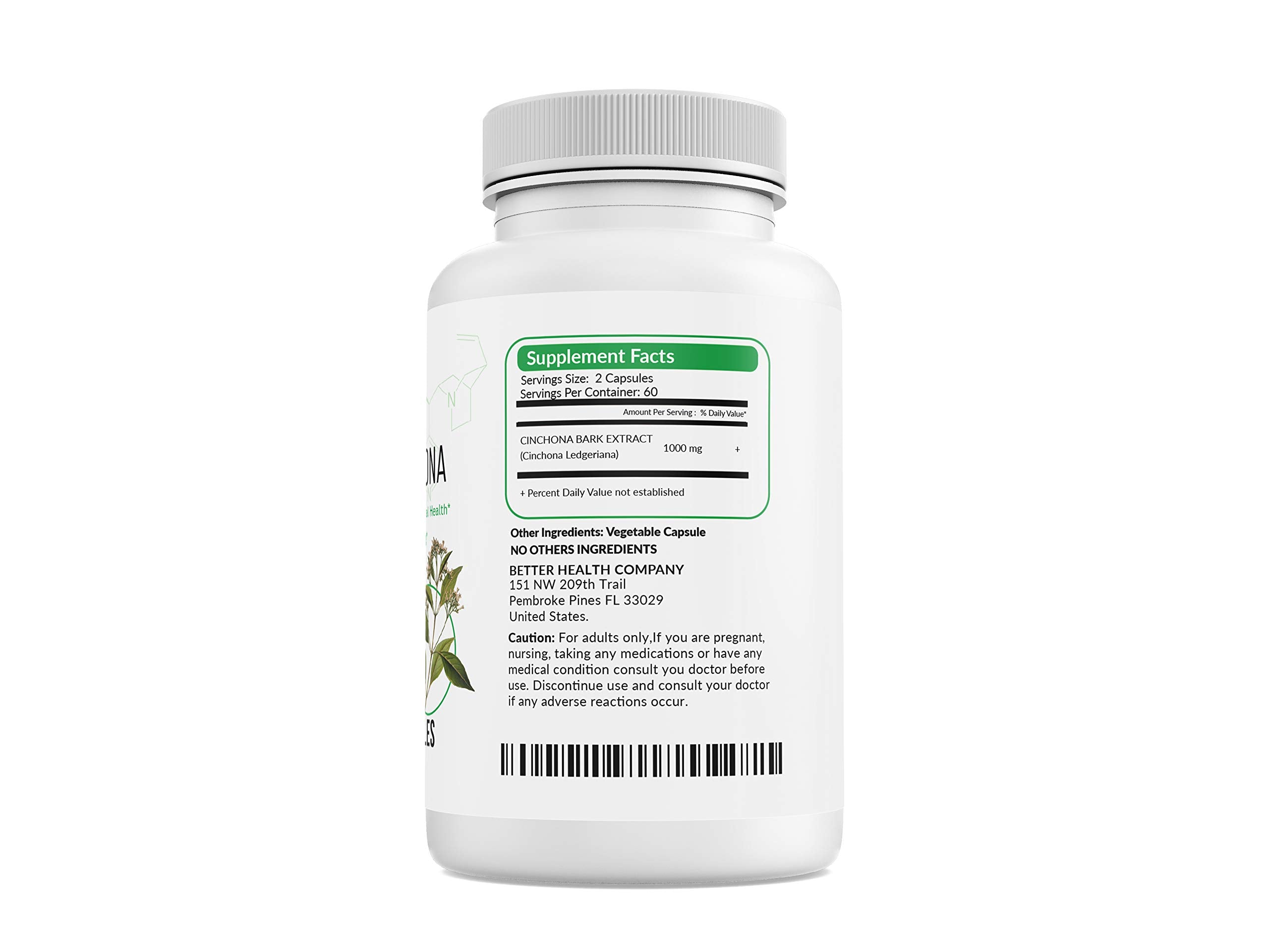 Better Health Quinine Cinchona Bark bottle label highlighting natural ingredients.