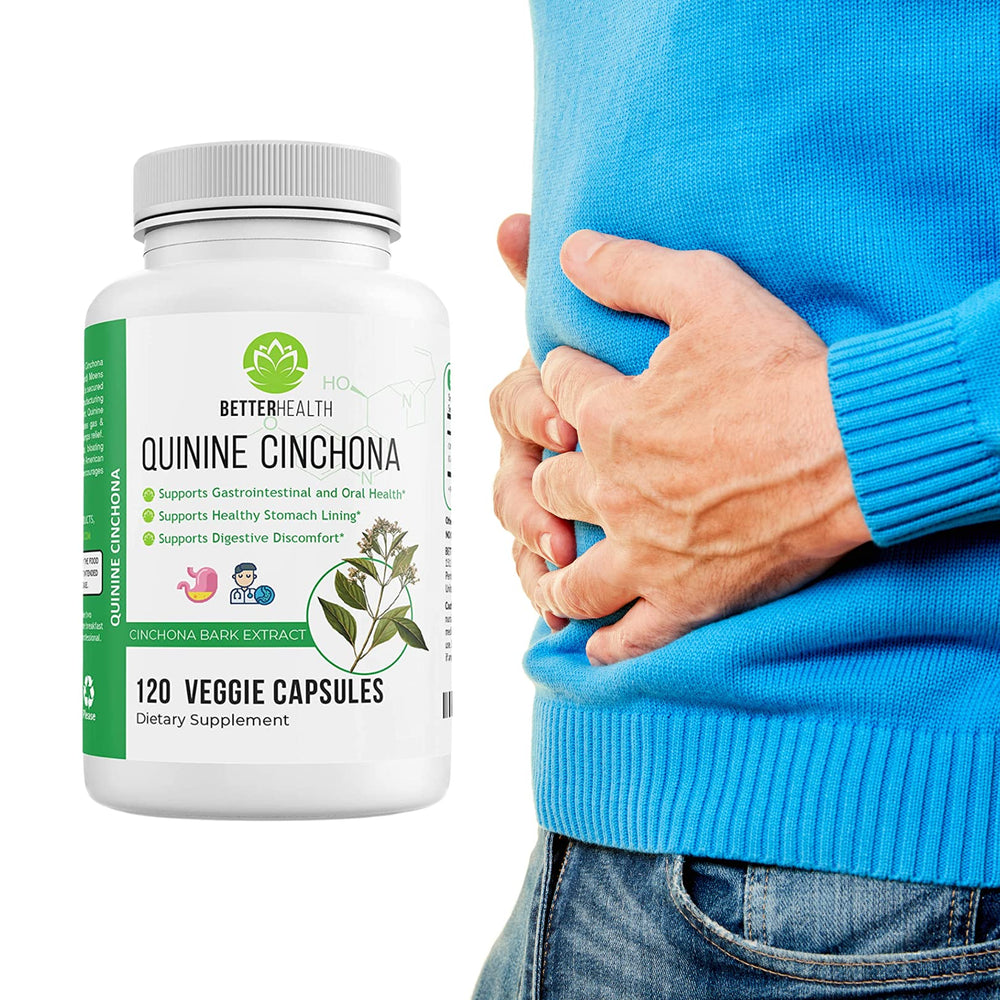 Better Health Quinine Cinchona Bark capsules on spoon; easy daily intake.