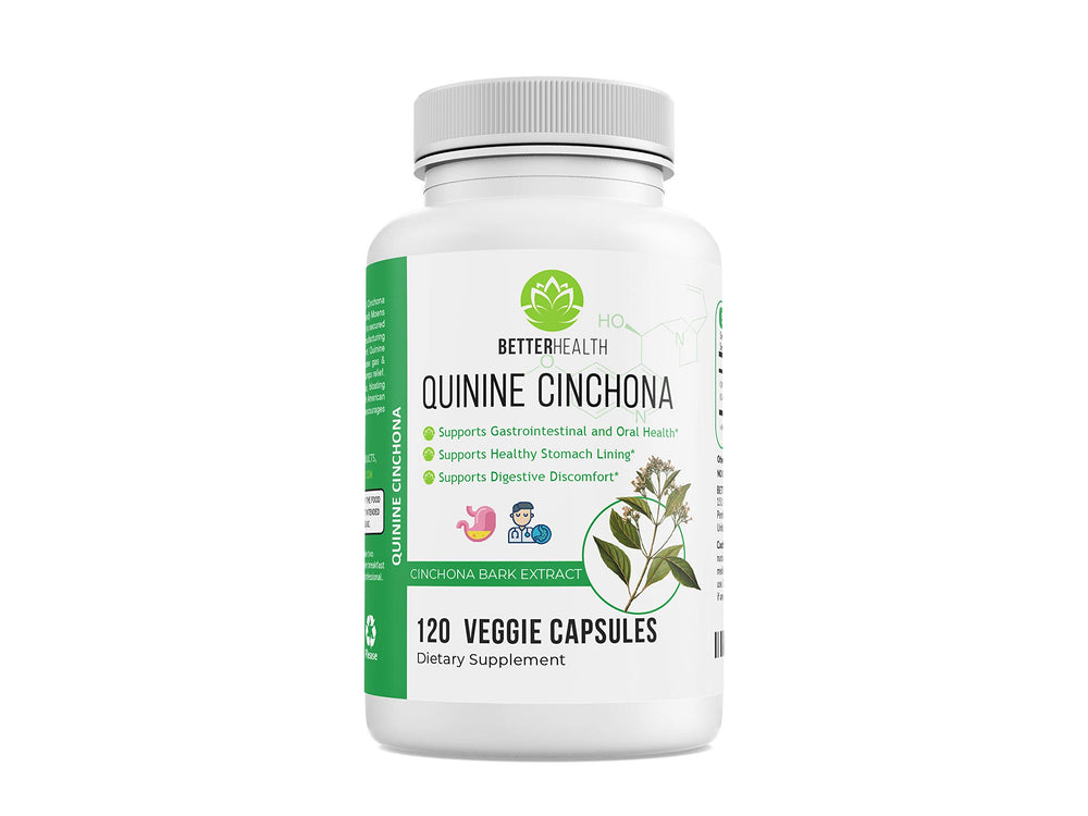 Better Health Quinine Cinchona Bark capsules on a bottle; supports digestion and immunity.
