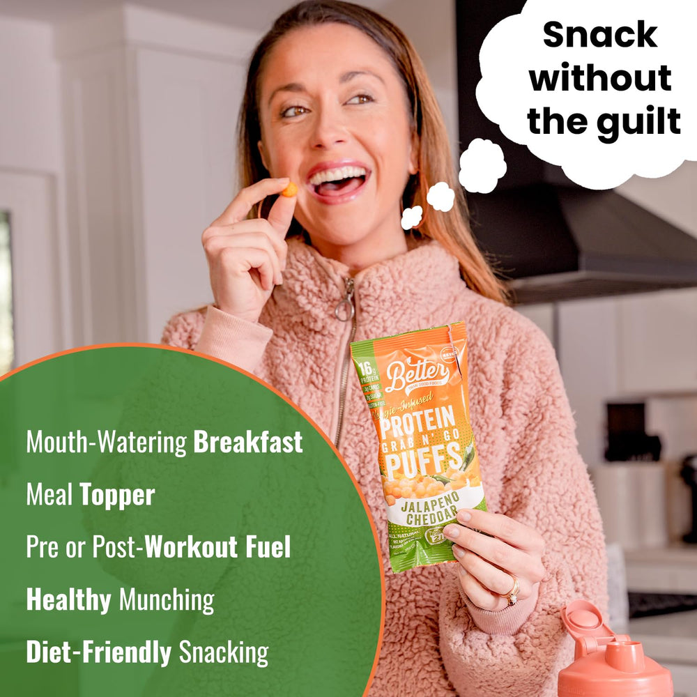 Low-carb, low-sugar Better Than Good jalapeno cheddar puffs for health-conscious eaters.