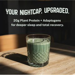 Prepared shake in glass with Better Tomorrow Nighttime Recovery Protein for restful sleep