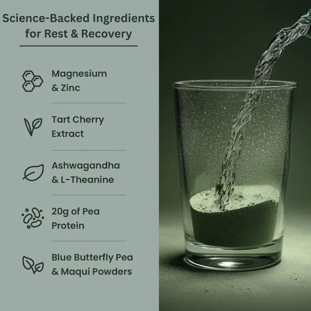 Close-up of Better Tomorrow protein powder scoop highlighting plant-based protein for evening recovery