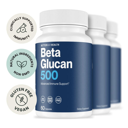 Better Way Health Beta Glucan 500 bottle label closeup highlighting purity and formula
