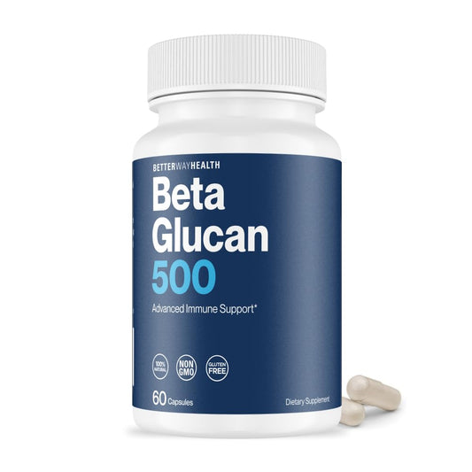 Better Way Health Beta Glucan 500 bottle on display for immune support.