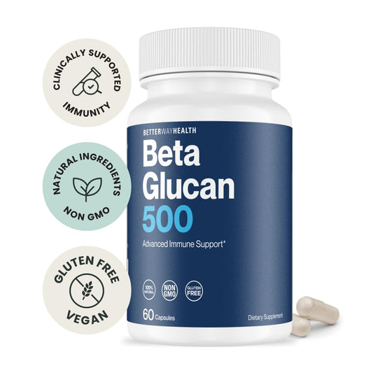 Better Way Health Beta Glucan 500 capsules on a clean surface for immune support.