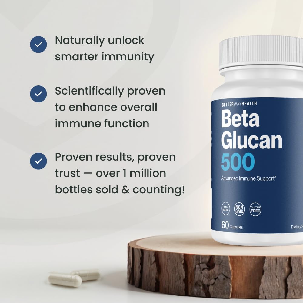 Better Way Health Beta Glucan 500 bottle emphasizes clean ingredient purity and focus.