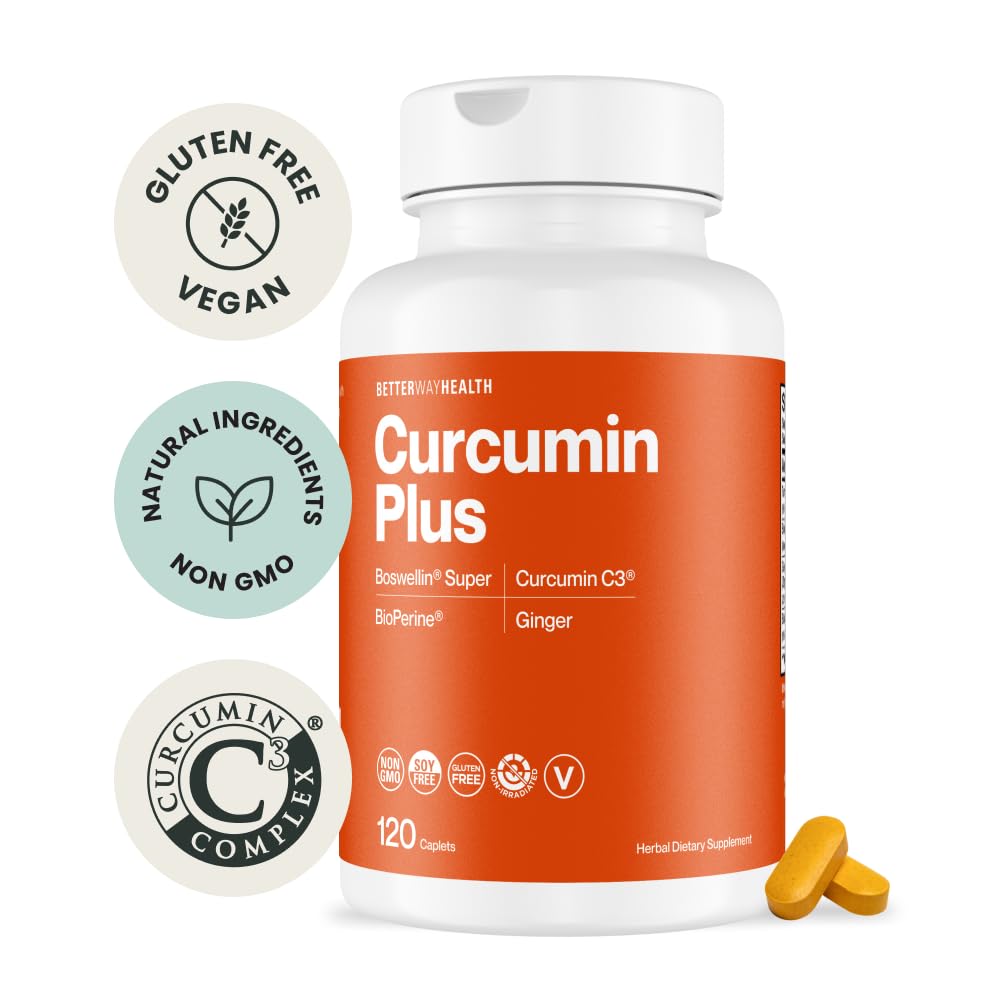 Better Way Health Curcumin Plus caplets closeup highlights easy-to-swallow daily capsules