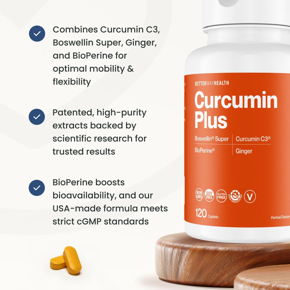 Better Way Health Curcumin Plus ingredients panel shows Boswellin and Ginger components