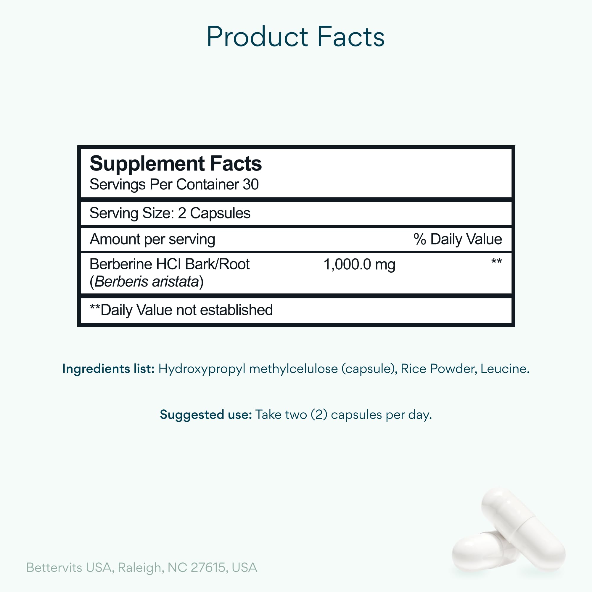 Bettervits Berberine capsules close up showing convenient daily intake