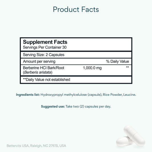 Bettervits Berberine capsules close up showing convenient daily intake
