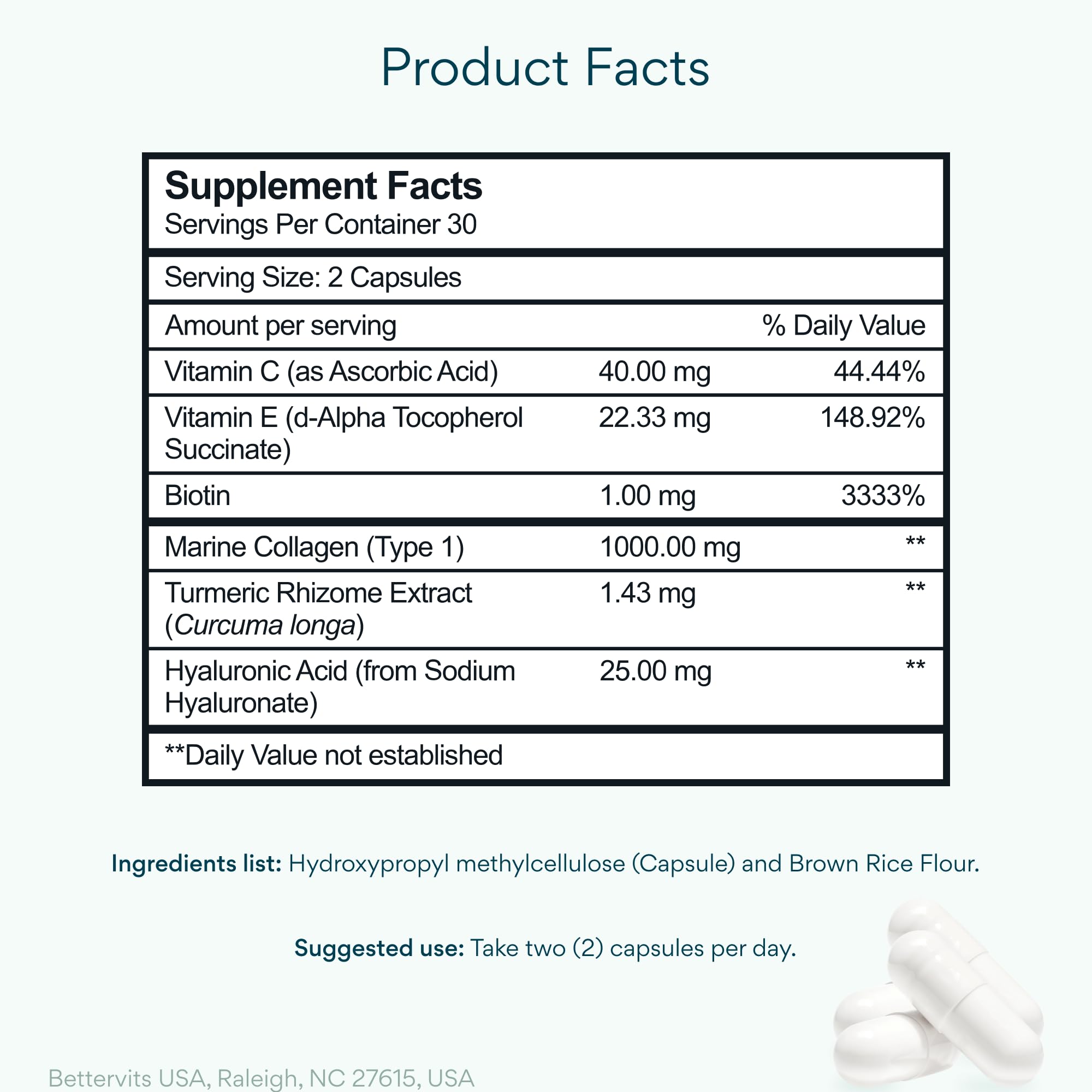 Bettervits Collagen Peptides Complex ingredients close-up highlights hyaluronic acid and vitamin C benefits.