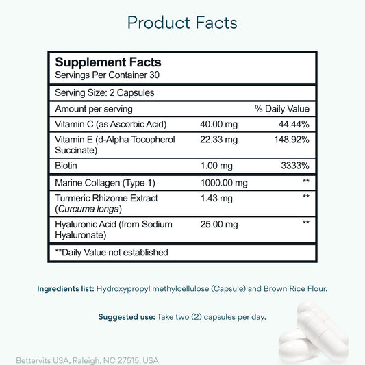 Bettervits Collagen Peptides Complex ingredients close-up highlights hyaluronic acid and vitamin C benefits.