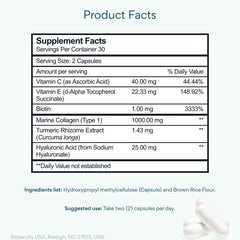 Bettervits Collagen Peptides Complex ingredients close-up highlights hyaluronic acid and vitamin C benefits.