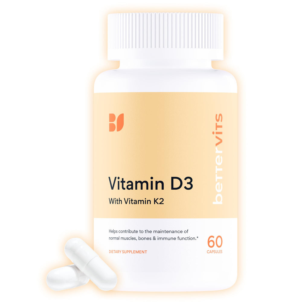 Bettervits D3 K2 5000 IU bottle, clear label, supports daily immune health and bone strength.