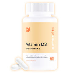 Bettervits D3 K2 5000 IU bottle, clear label, supports daily immune health and bone strength.
