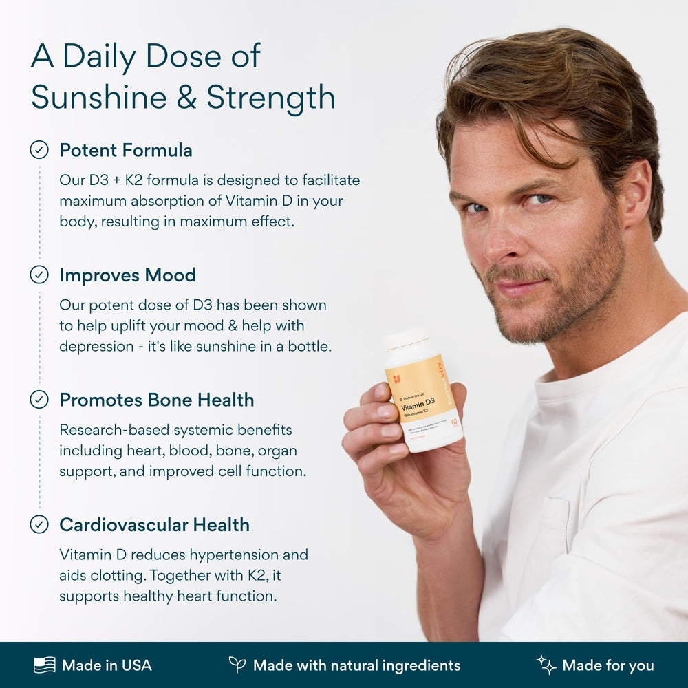 Bettervits D3 K2 bottle label, reminder of bone health and immune support.