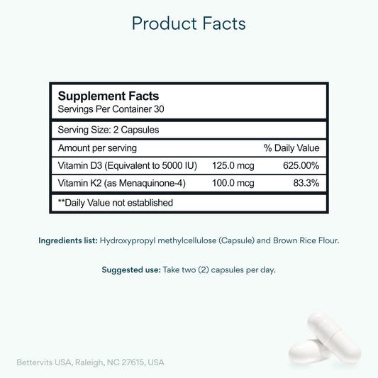 Bettervits D3 K2 capsule closeup, convenient daily capsule for calcium utilization.