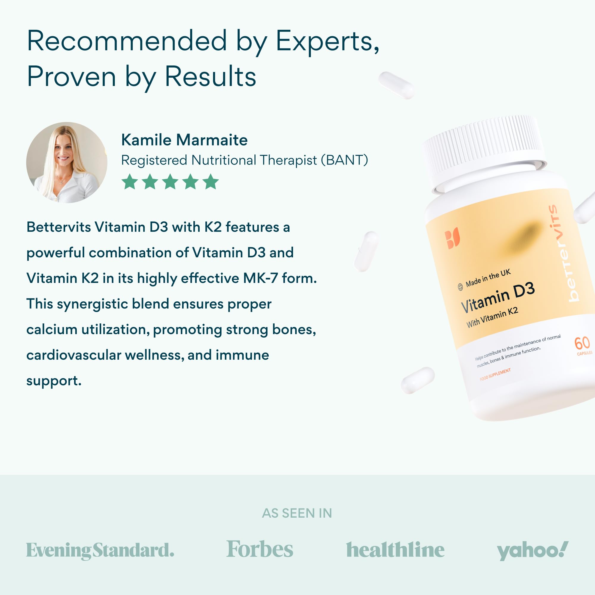 Bettervits D3 K2 vegan capsules, vegetarian-friendly supplement for bone and immune wellness.
