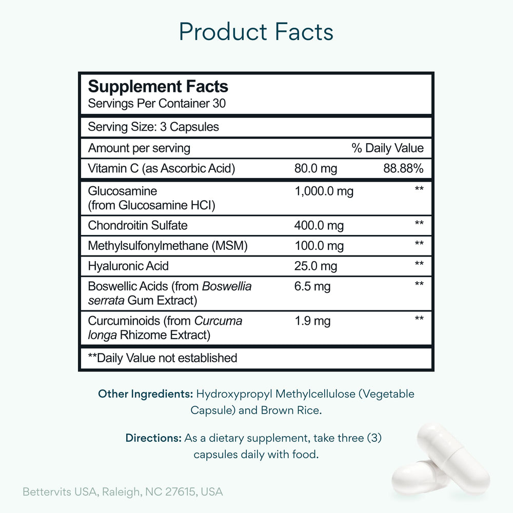 Bettervits Glucosamine Complex bottle pour showing easy daily dosage