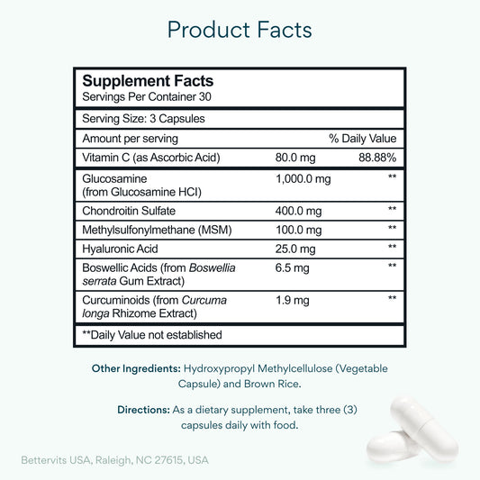 Bettervits Glucosamine Complex bottle pour showing easy daily dosage