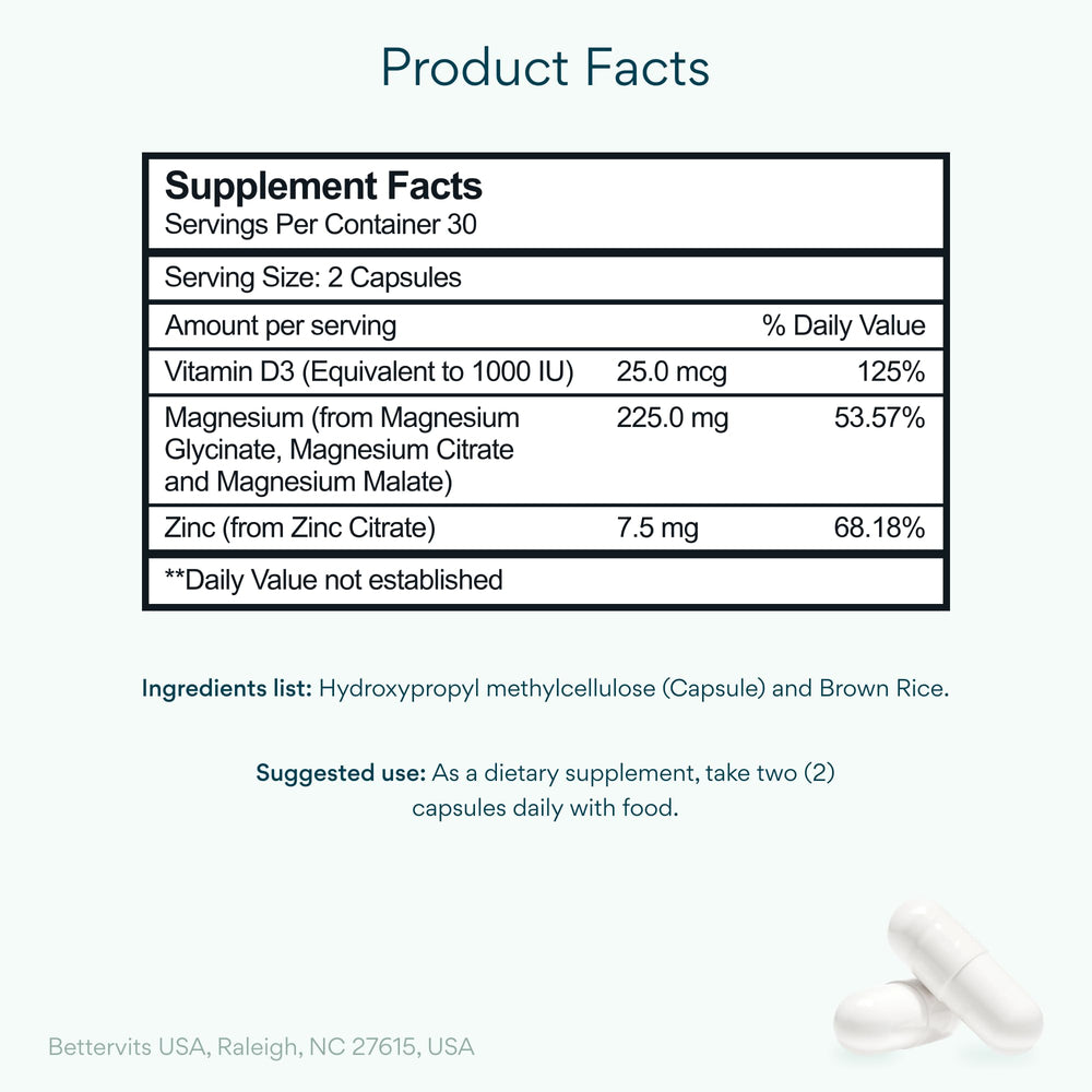 Bettervits magnesium glycinate capsules ready for restful sleep support.