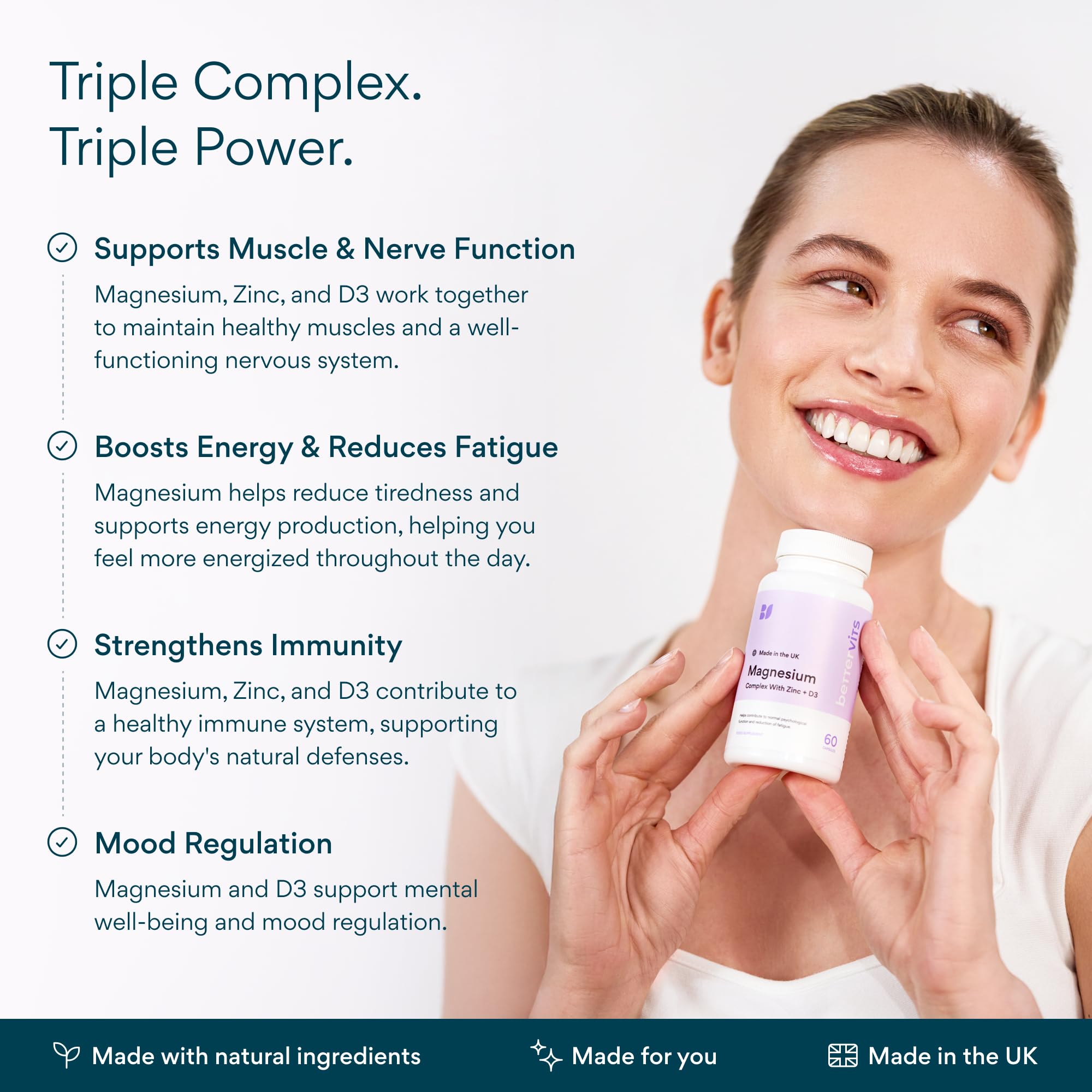 Bettervits magnesium glycinate label highlighting ingredients for high absorption.