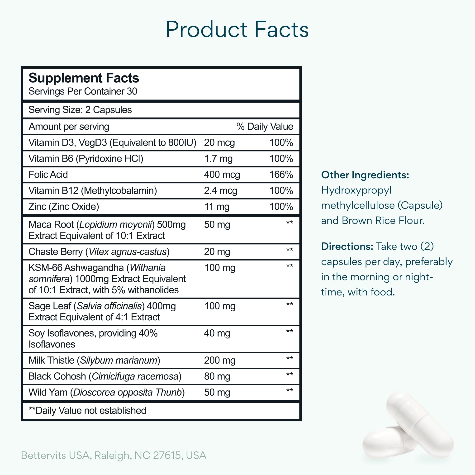 Bettervits menopause bottle closeup highlighting ashwagandha for calm mood.