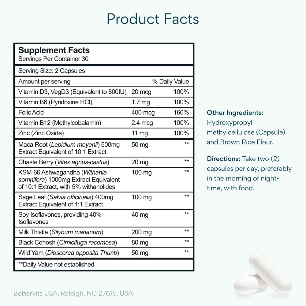 Bettervits menopause bottle closeup highlighting ashwagandha for calm mood.