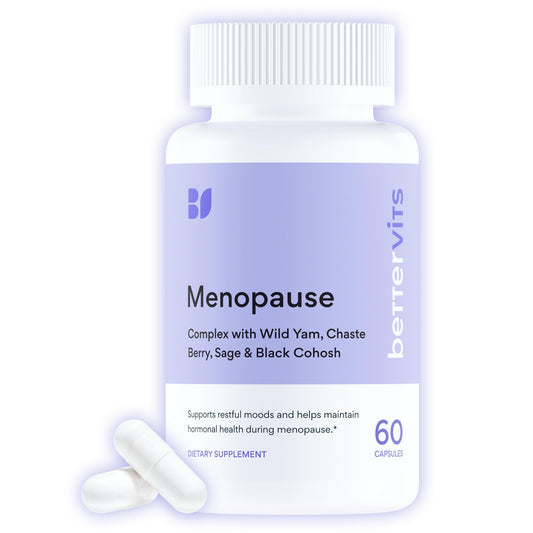 Bettervits menopause bottle front for daily balance support.
