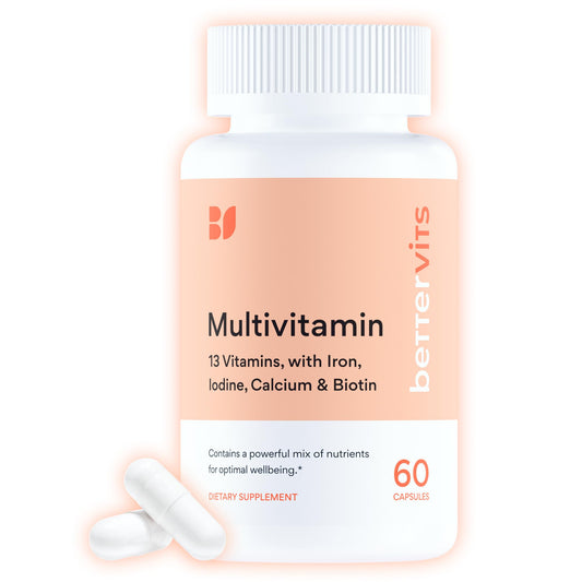 Bettervits multivitamin bottle closeup showing essential nutrients for daily energy