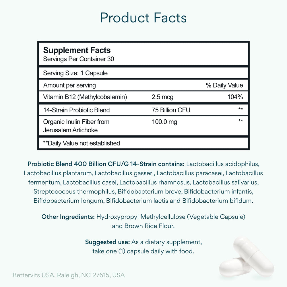 Close-up of Bettervits Probiotics vegan capsules for everyday digestive care.