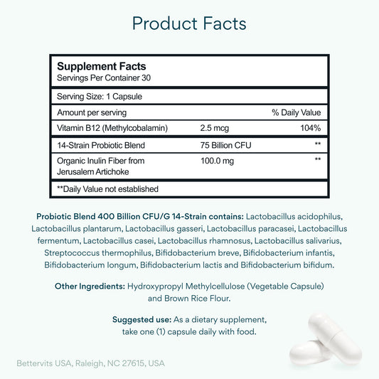 Close-up of Bettervits Probiotics vegan capsules for everyday digestive care.