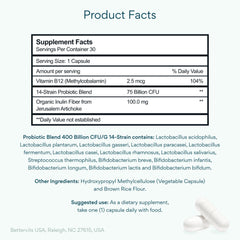Close-up of Bettervits Probiotics vegan capsules for everyday digestive care.