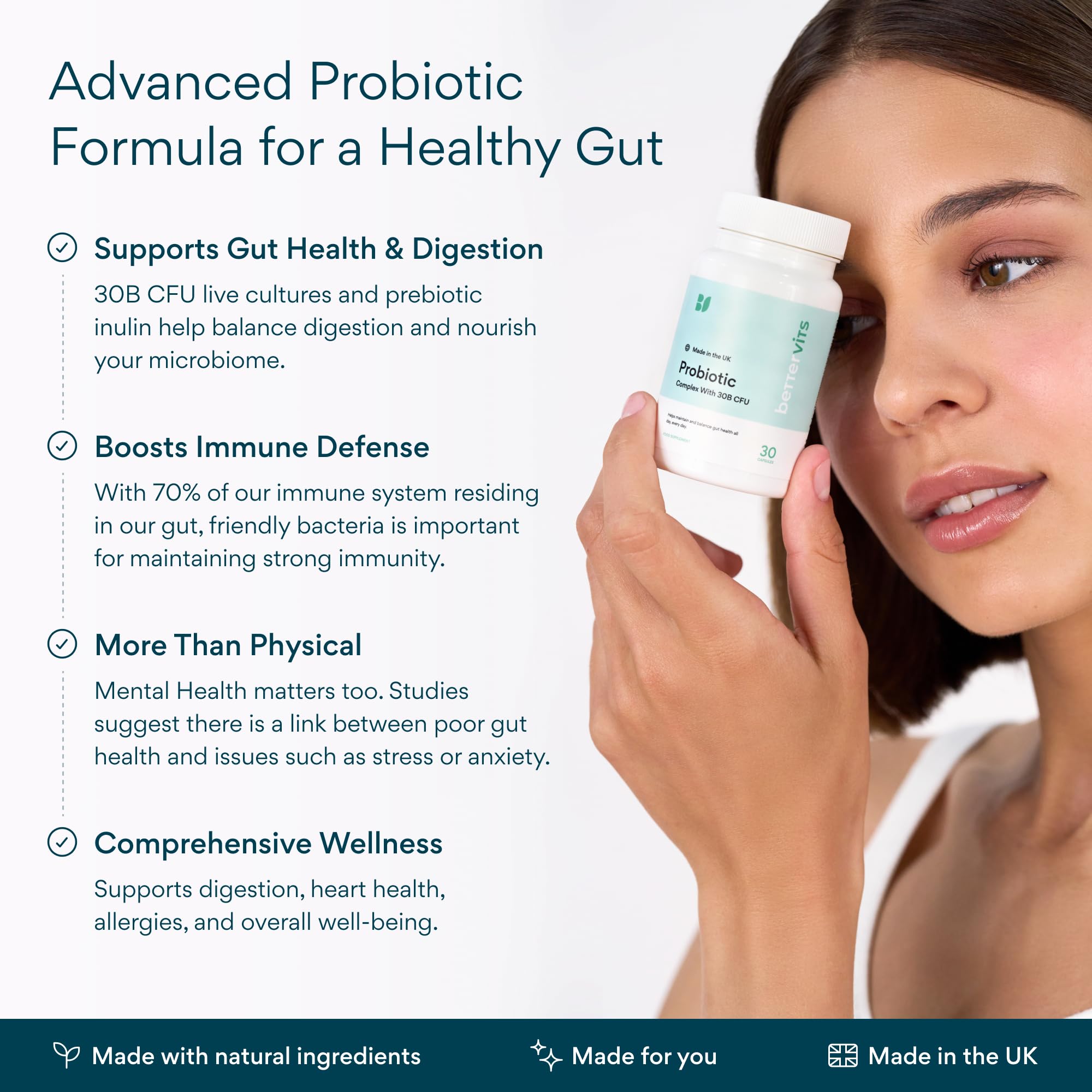 Ingredients panel on Bettervits Probiotics showing inulin prebiotic and B12 benefits.