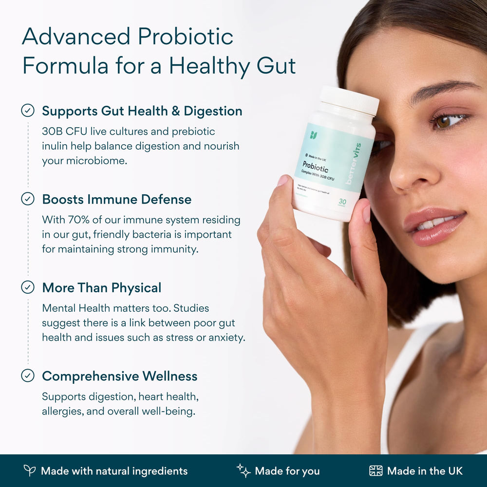 Ingredients panel on Bettervits Probiotics showing inulin prebiotic and B12 benefits.