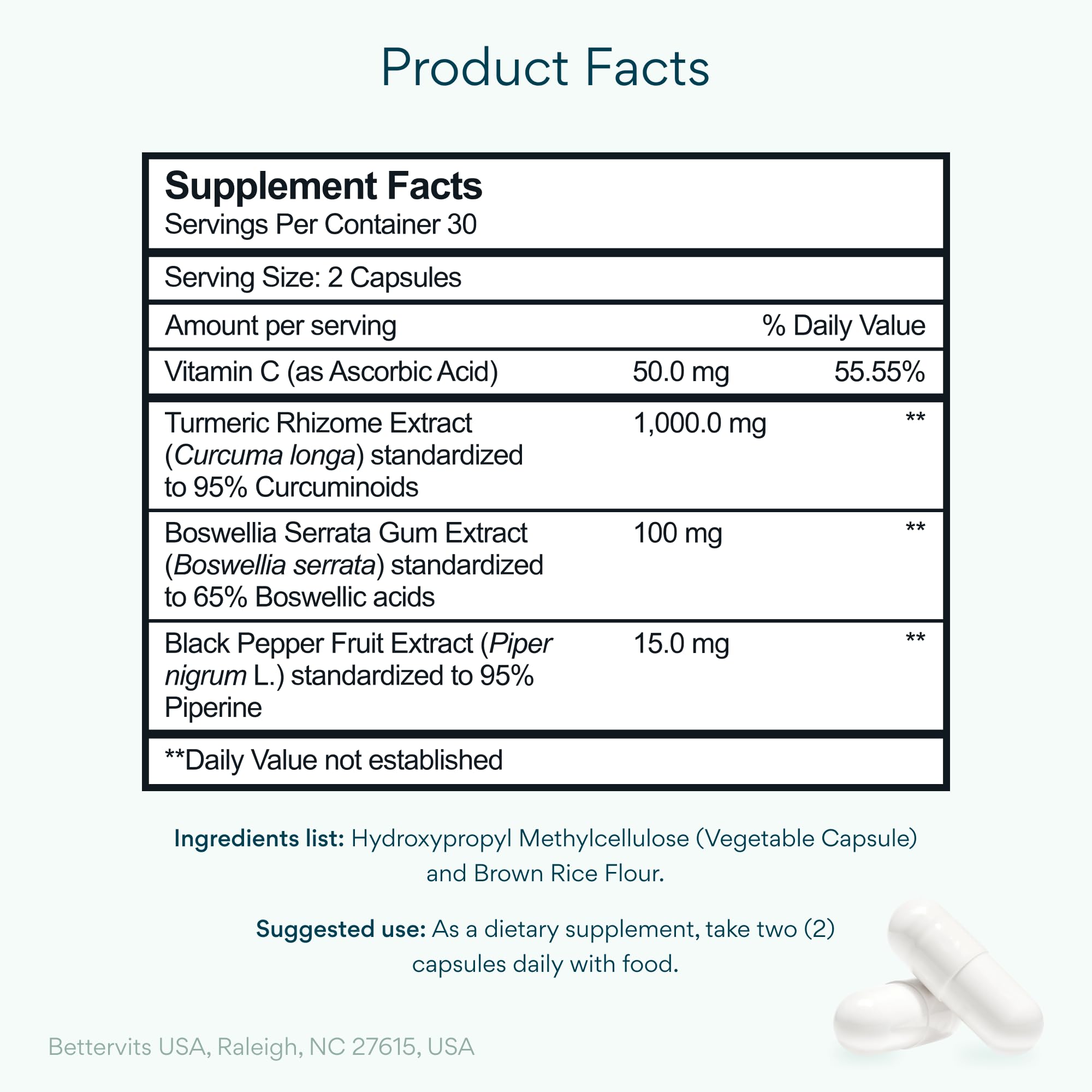 Bettervits Turmeric bottle closeup showing capsules for easy daily use