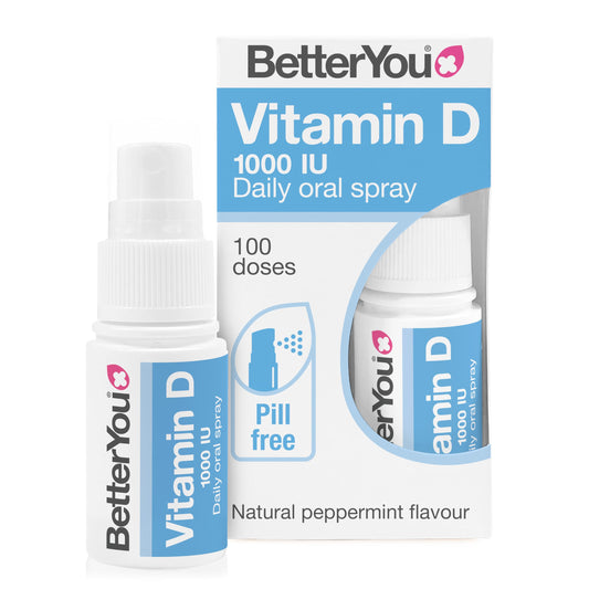 BetterYou Dlux 1000 Vitamin D Spray bottle front view, compact 15ml daily-use packaging.
