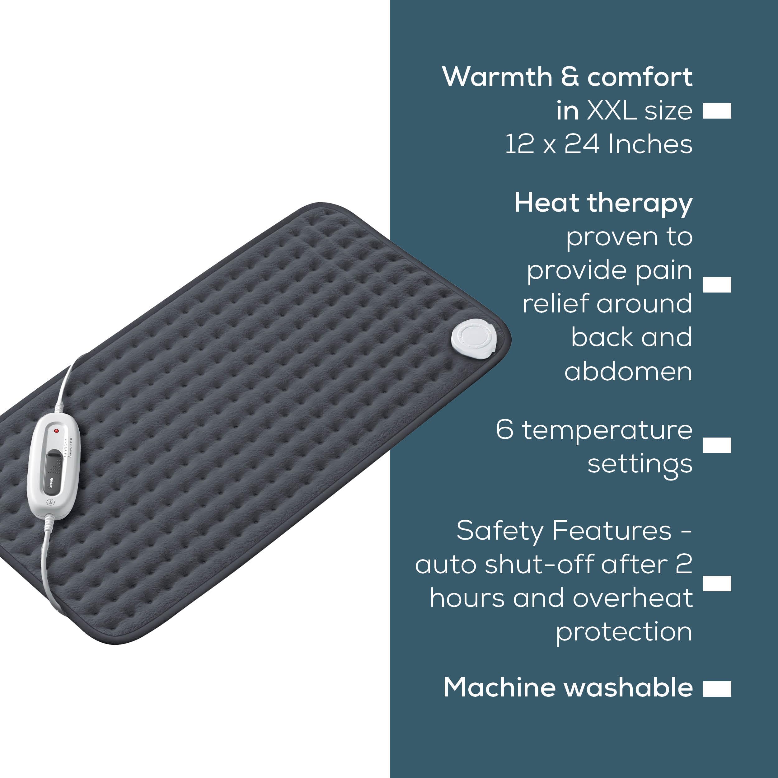 Beurer UHP26DRKGRY heating pad machine washable for easy cleaning.