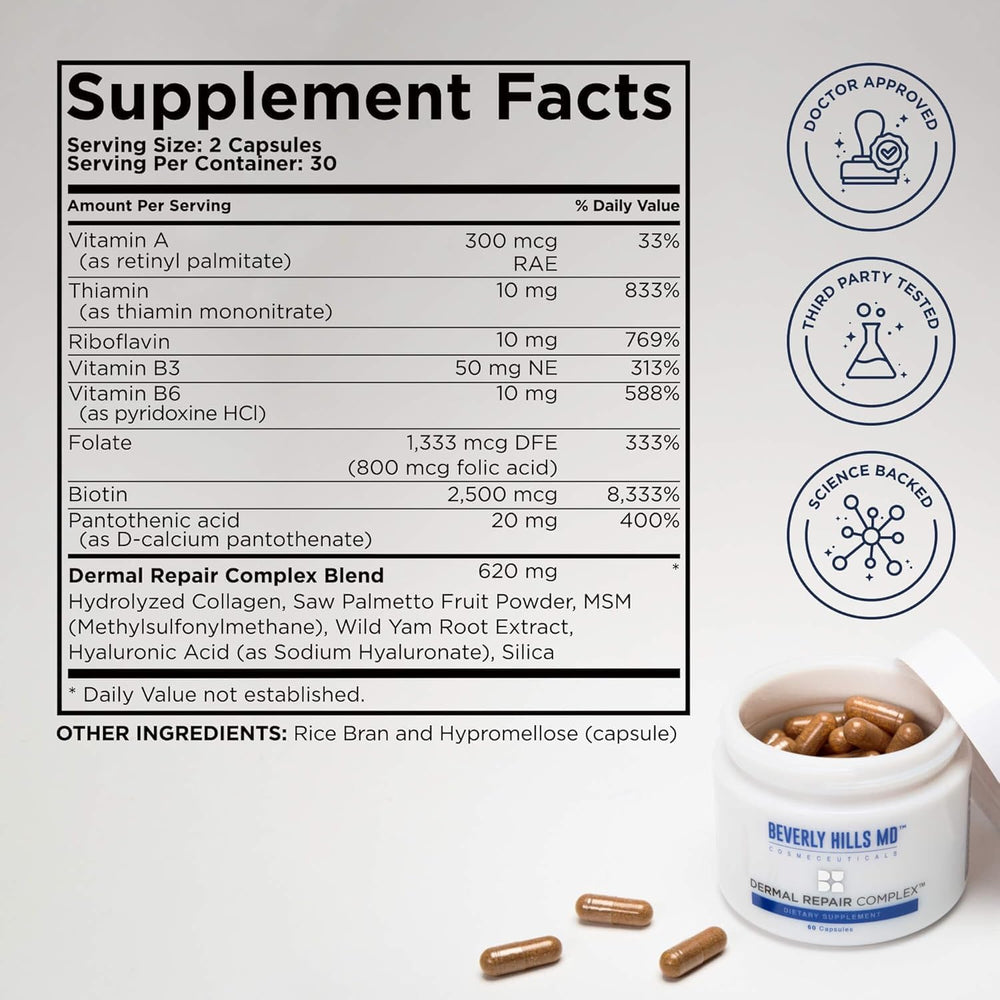 Beverly Hills MD Dermal Repair glass bottle closeup with capsule texture