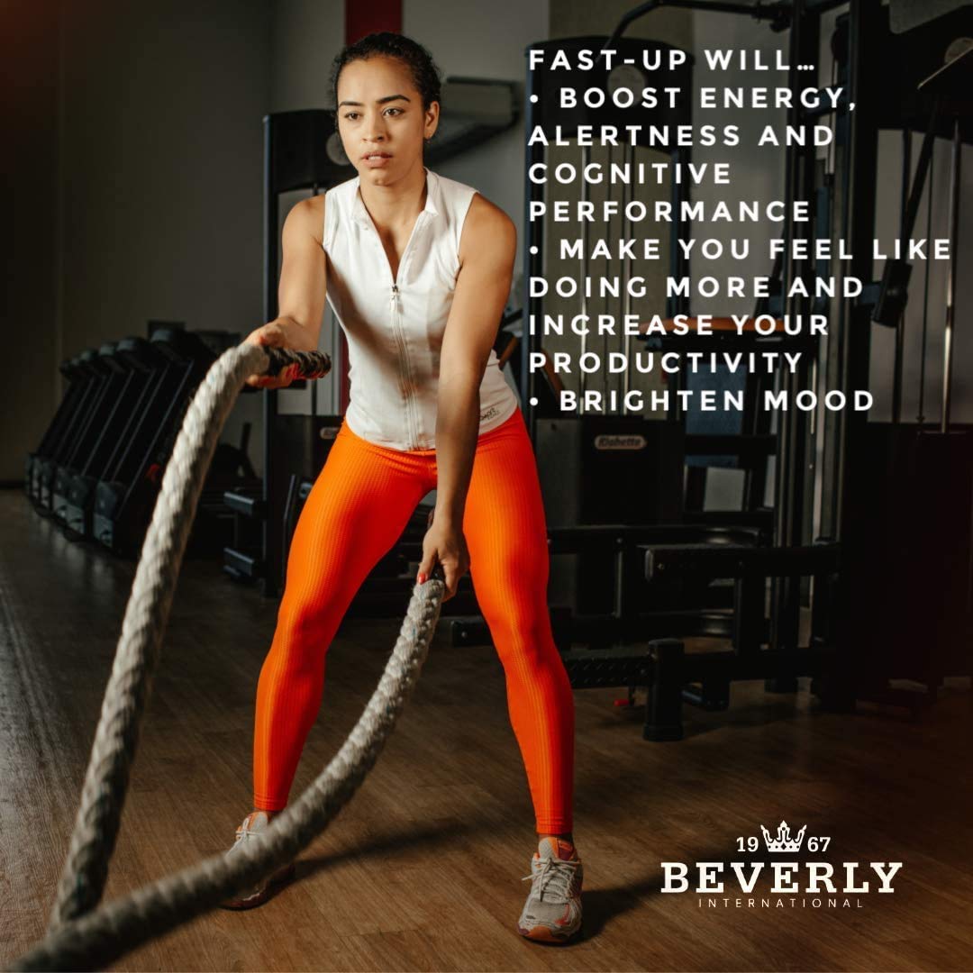 Beverly International Fast-Up bottle beside gym bag signals pre-workout readiness
