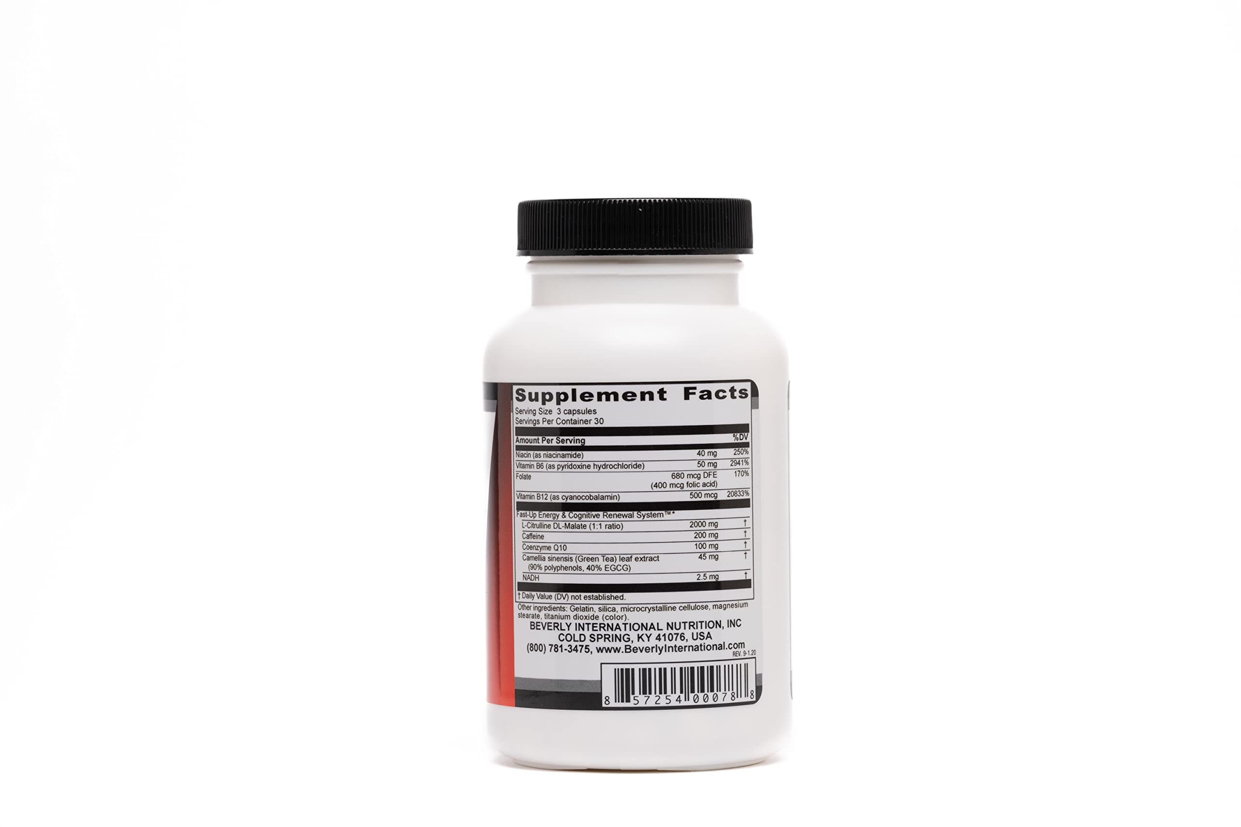 Beverly International Fast-Up bottle label highlights ingredients for cognitive support