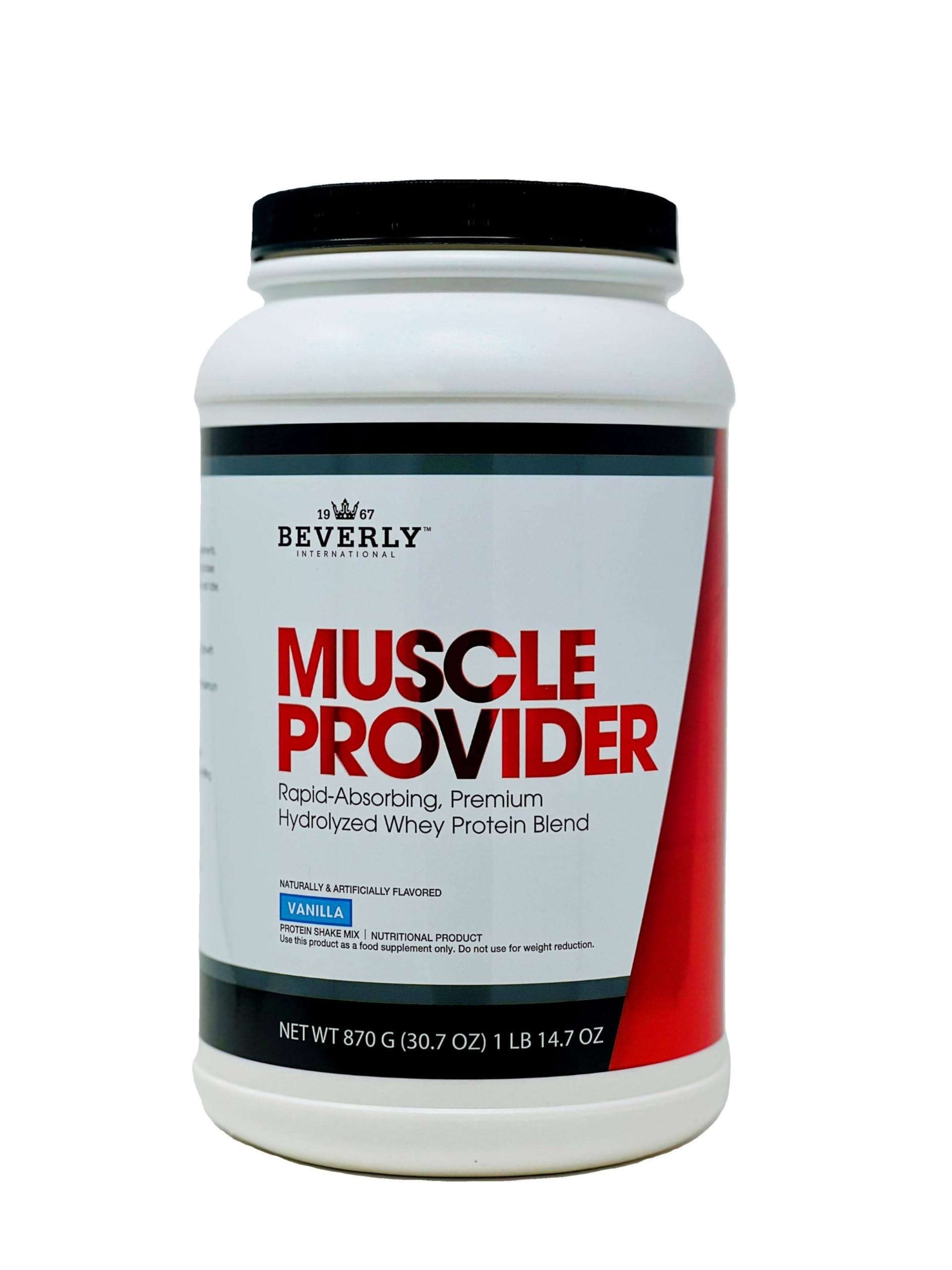 Be Beverly International Muscle Provider Vanilla bottle highlights fast-absorbing whey blend for lean results