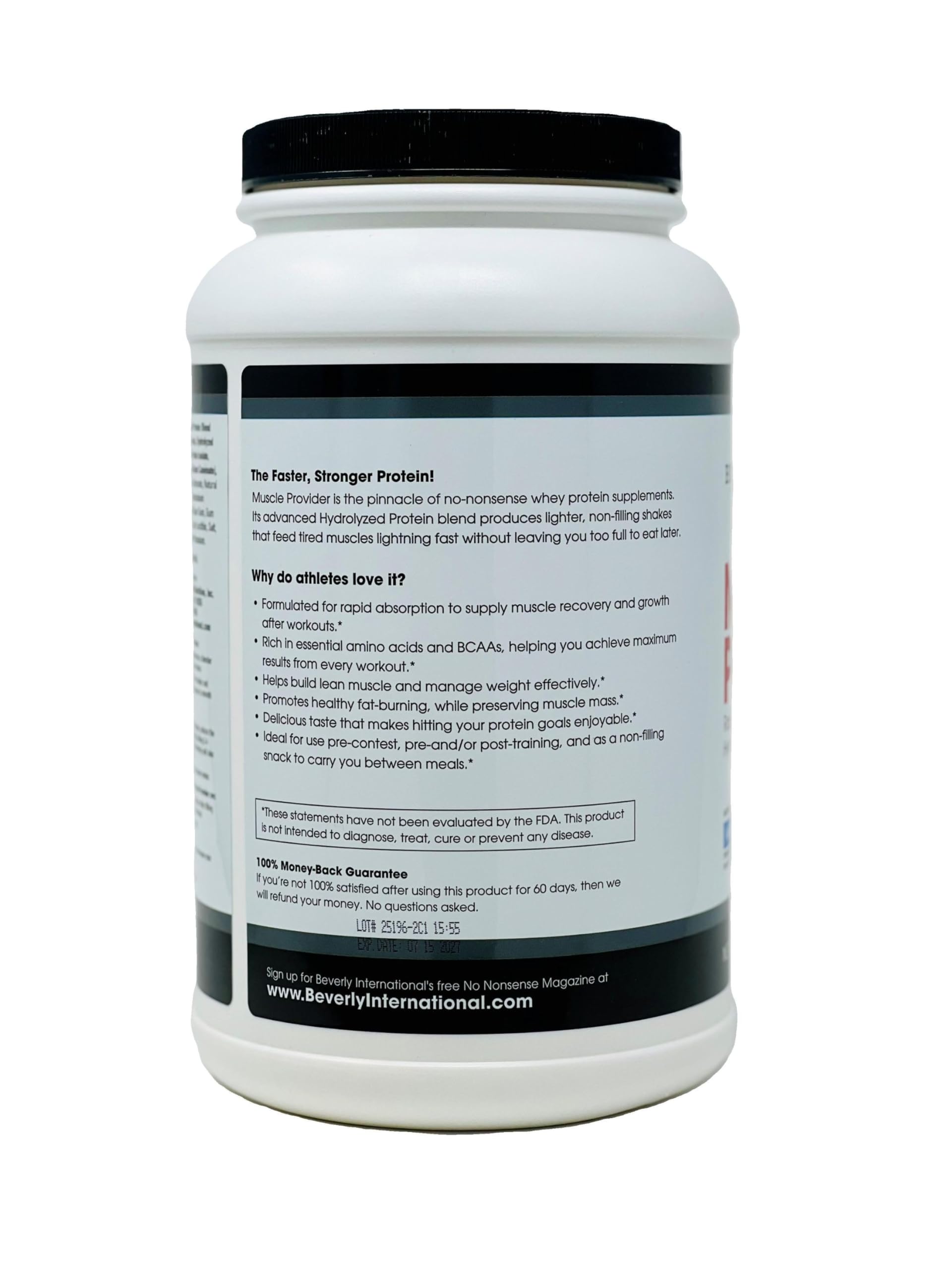 Be Beverly International Muscle Provider Vanilla tub shows high-potency whey blend