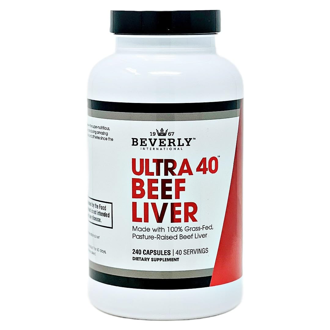 Beverly International Ultra 40 Beef Liver bottle shown for daily workout energy.