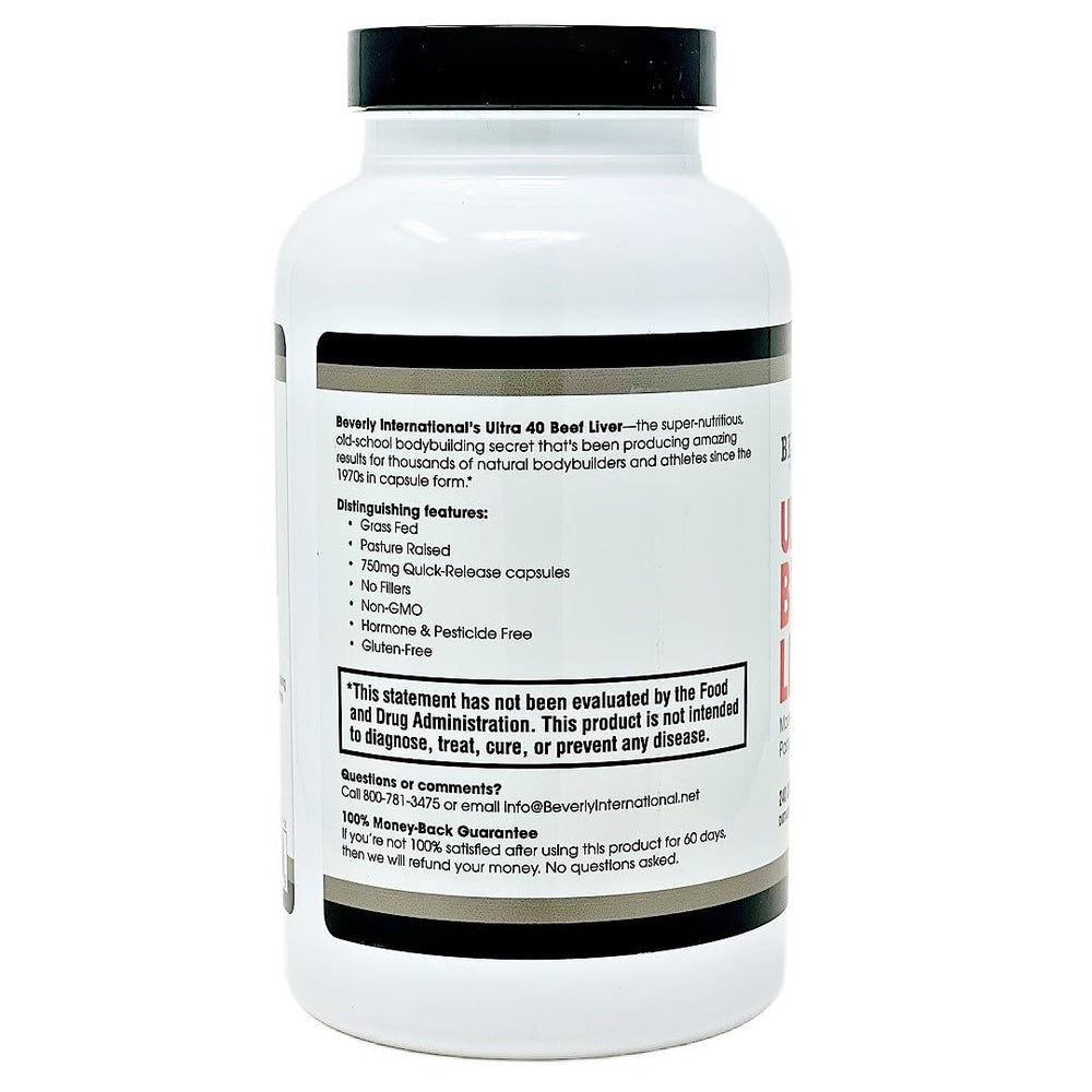Beverly International Ultra 40 Beef Liver capsules close-up, convenient athletic supplementation.